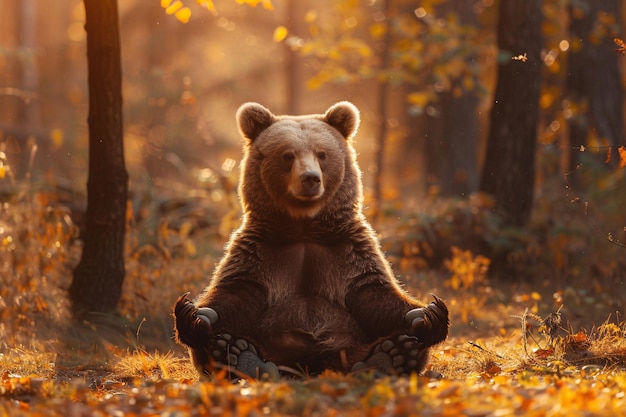 Foto orso seduto in postura di loto yoga