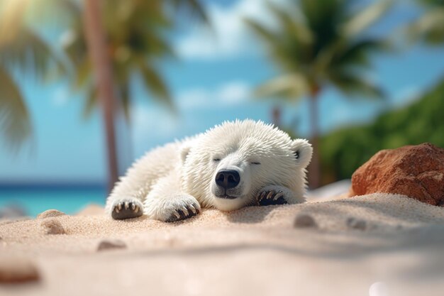 Bear sleeping on beach on blurred palma trees tropic background