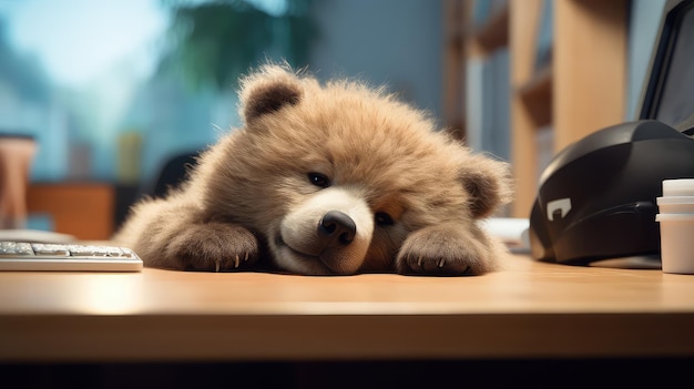 机の上で寝ているクマ
