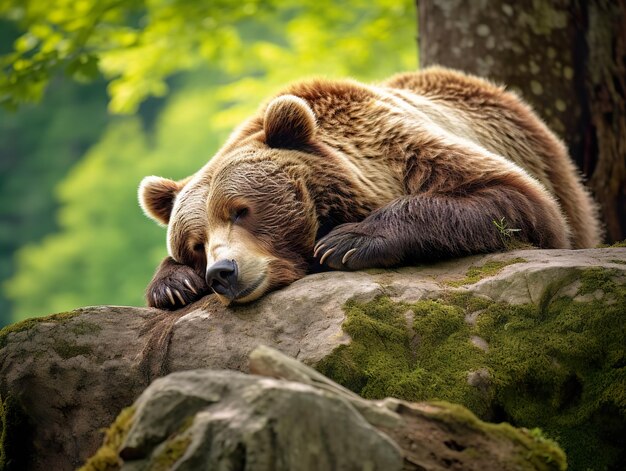 a bear sleeping on a large rock under a tree