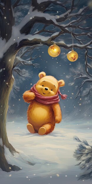 Photo a bear in a snowy scene with a christmas tree in the background