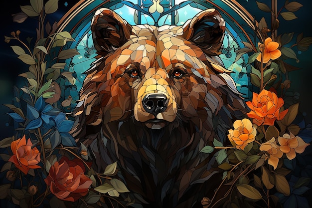Bear in stained glass style painting illustration generative ai
