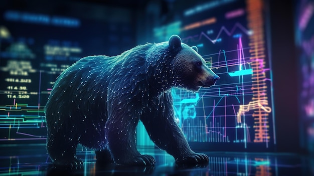 Bear standing in a modern studio digital background of trading charts lights and glowing elements