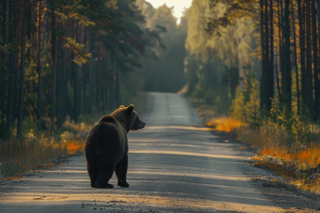 Bear standing on the road near forest at early morning or evening time