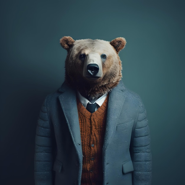 A bear standing on two legs in blue warm winter jacket Wild animal dressed up as a man Abstract idea