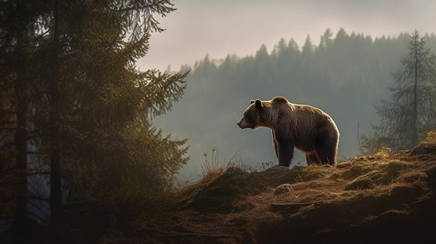 A bear stands on a hill in the forest