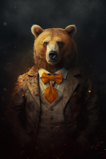 Photo a bear in a suit and a bow tie is standing in front of a dark background.