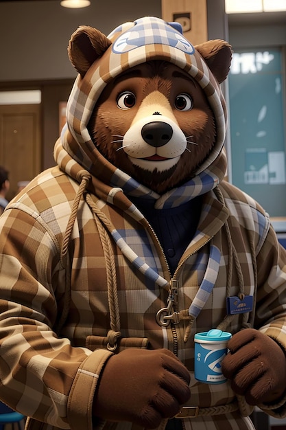 Медведь в костюме курит в банке