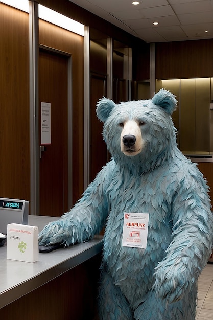 Photo bear in suit smoking at bank