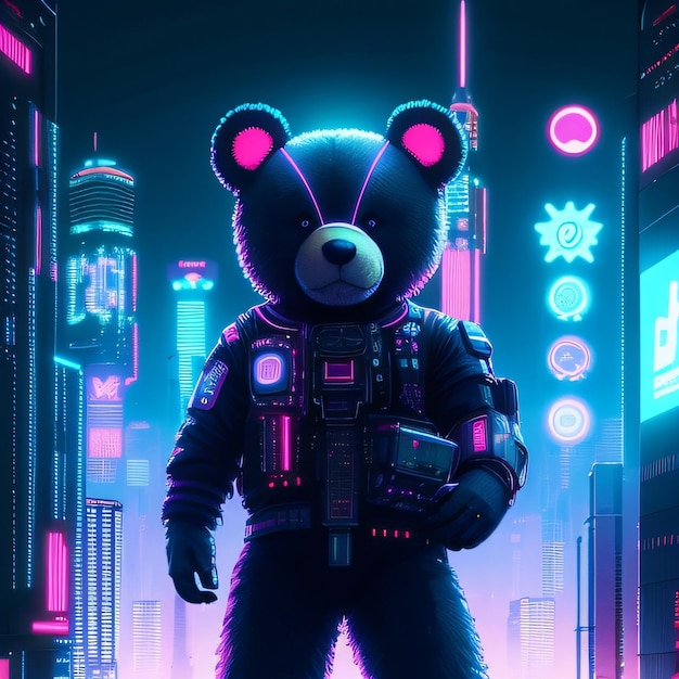 A bear in a suit stands in front of a neon city.