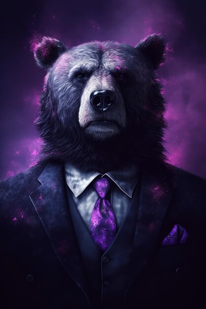 A bear in a suit with purple and orange tie