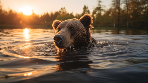 Photo a bear swimming in a lake at sunset