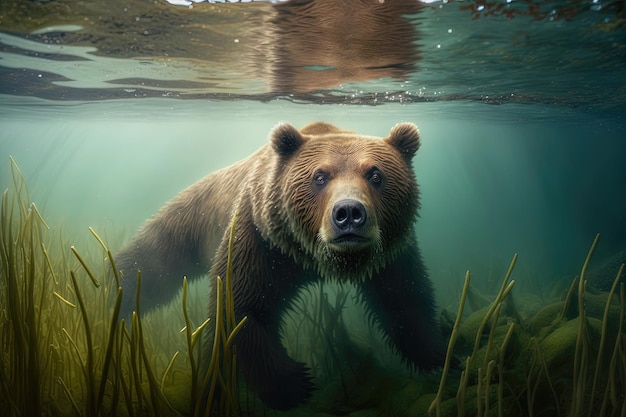 Bear swimming underwater in a river or lake Wildlife and nature concept strength and power water and environment survival and adaptation Generative AI