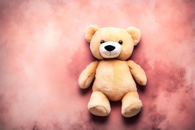 Bear toy for kids with pink background flat lay