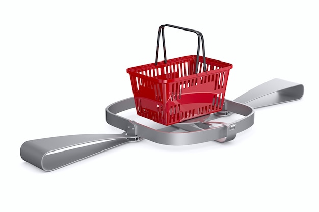 Bear trap and red shopping basket on white wall. Isolated 3D 