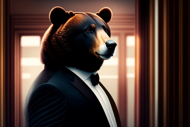 A bear in a tuxedo stands in front of a window.