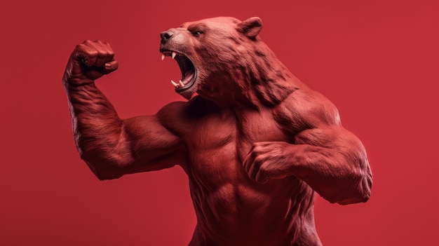 Bear-vechtpositie op rode achtergrond Bearische divergentie op de aandelenmarkt en cryptocurrency