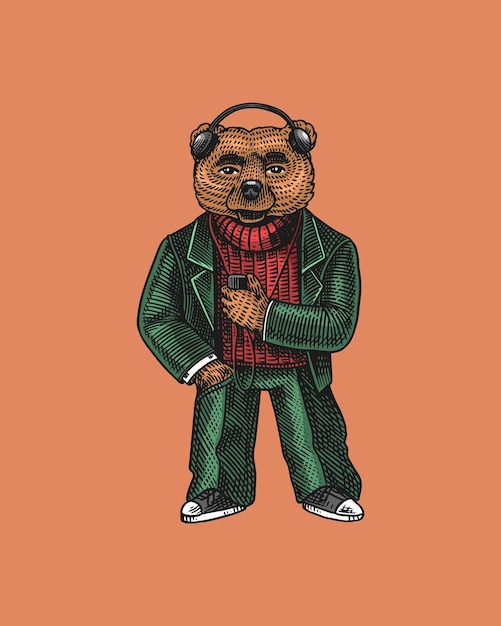 Bear in vintage costume fashion animal character in a sweater and jacket listens to music on