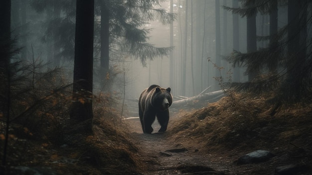 A bear walks through a forest with the sun shining on its face.