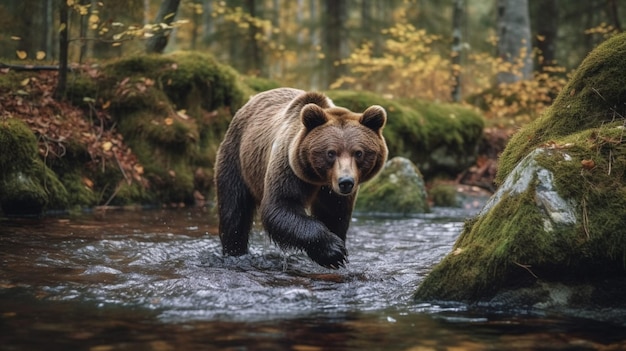 A bear walks through a river in the forest.