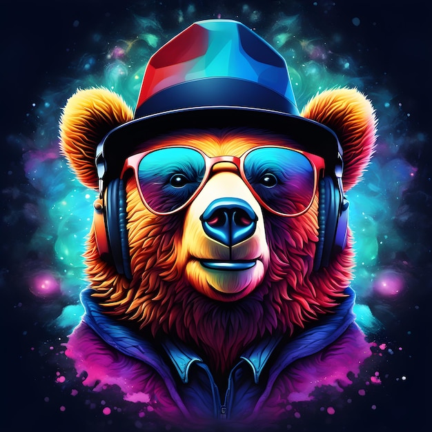 Медведь в очках, наушниках и шляпе