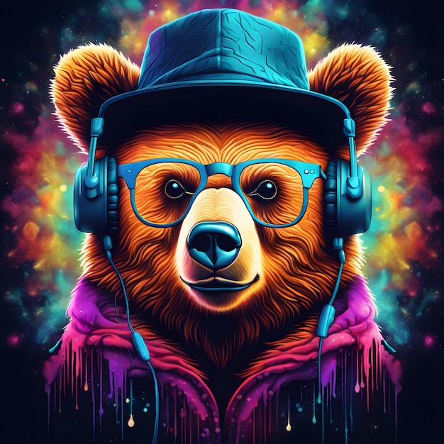 Bear wearing glasses and headhone and hat