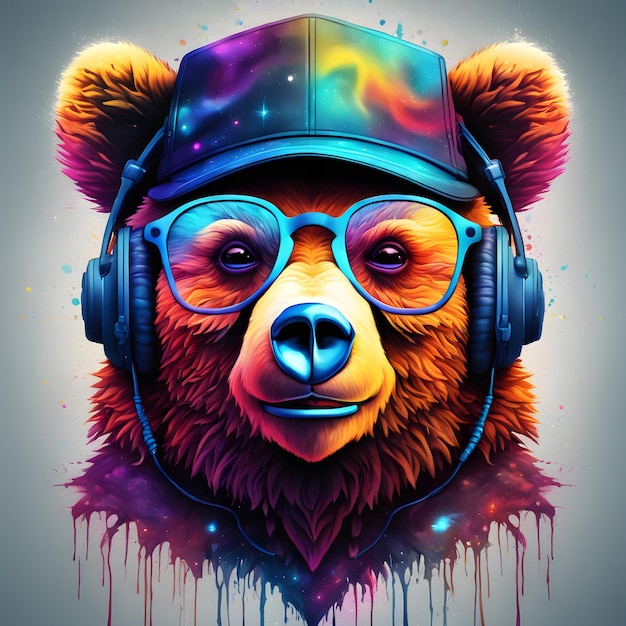 Bear wearing glasses and headhone and hat