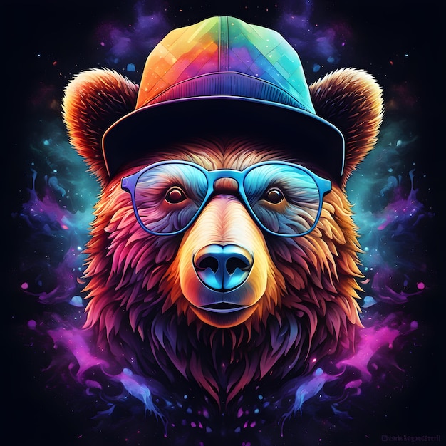 Bear wearing glasses and headhone and hat