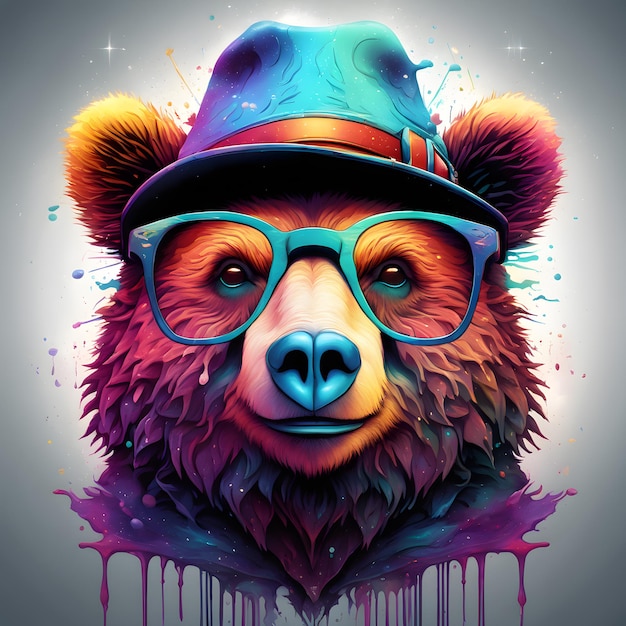 Bear wearing glasses and headhone and hat