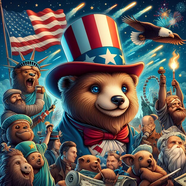 Photo bear wearing hat american flag color surrounded by people eagle flying fireworks and stars balloons