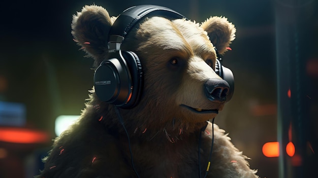 Bear wearing headphones digital art illustration Generative AI