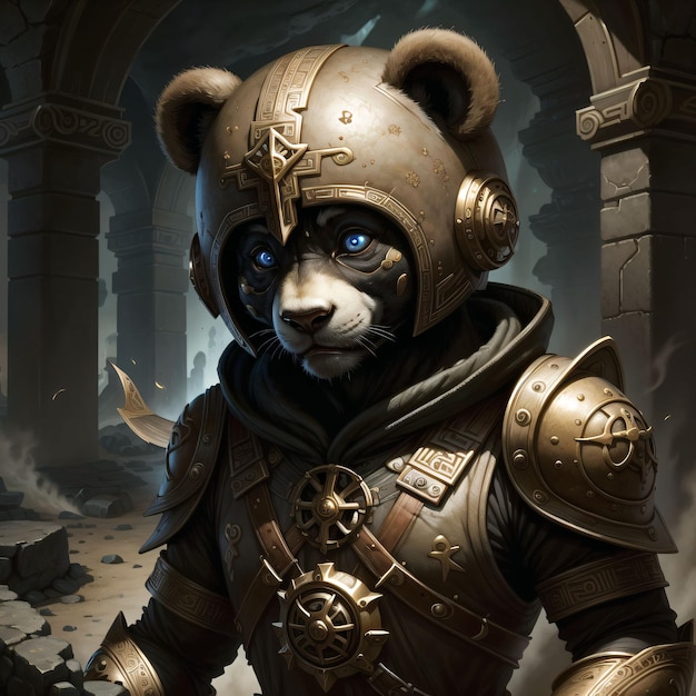 A bear wearing a helmet and a helmet stands in front of a ruins.