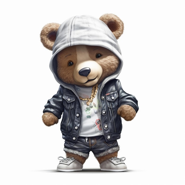 A bear wearing a hoodie and a jacket with a flower on it.