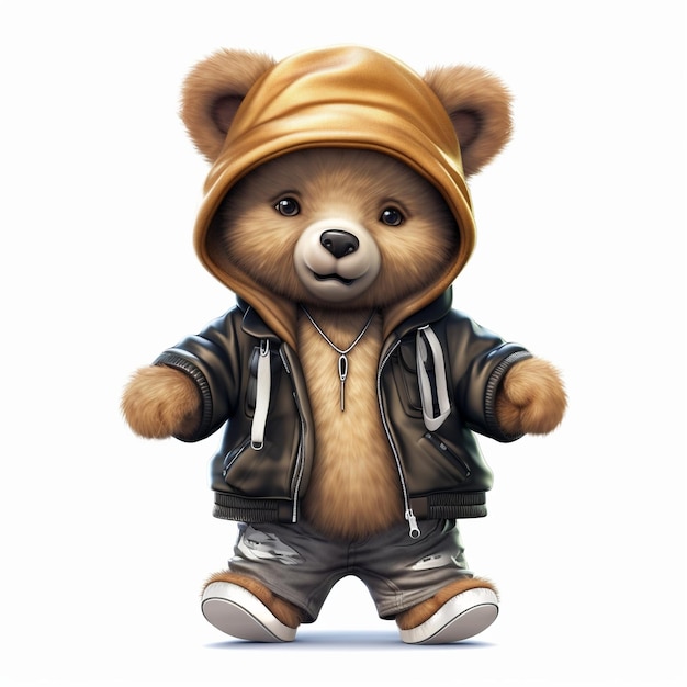 A bear wearing a jacket and a hoodie that says'bear '