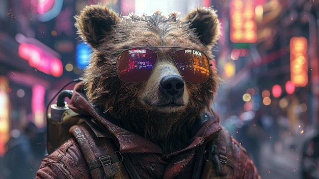 a bear wearing a jacket and sunglasses with the word  bear  on it