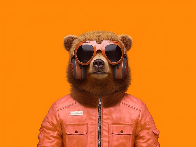 Photo a bear wearing a jacket with headphones on it and wearing a jacket that says  bear