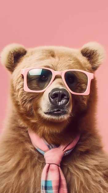 A bear wearing pink glasses