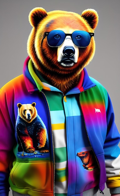 A bear wearing a shirt that says