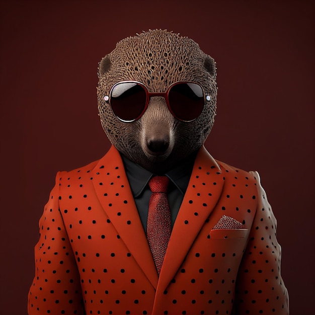 A bear wearing a suit and sunglasses is wearing a suit with a red polka dot shirt.