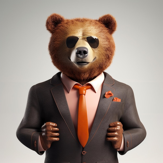 A bear wearing a suit and sunglasses stands in front of a gray background