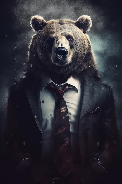 Photo a bear wearing a suit and tie is standing in front of a dark background.