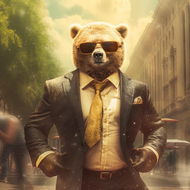 a bear wearing a suit and tie is standing in the street.