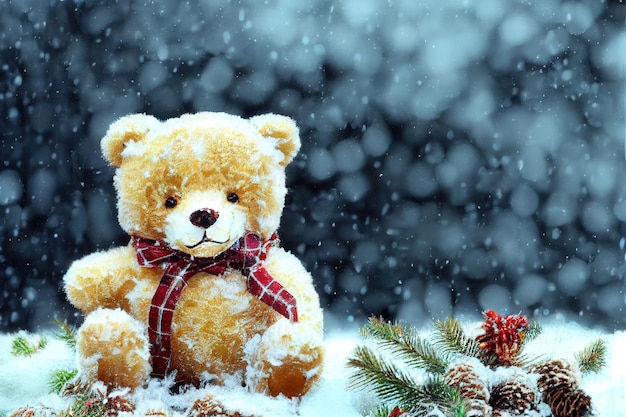 Bear in the winter forest christmas background
