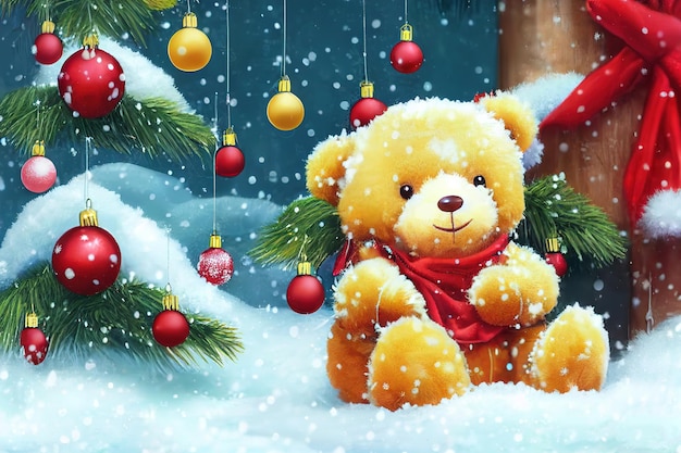 Bear in the winter forest christmas background