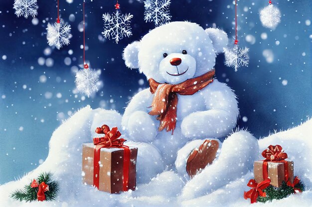 Bear in the winter forest christmas background