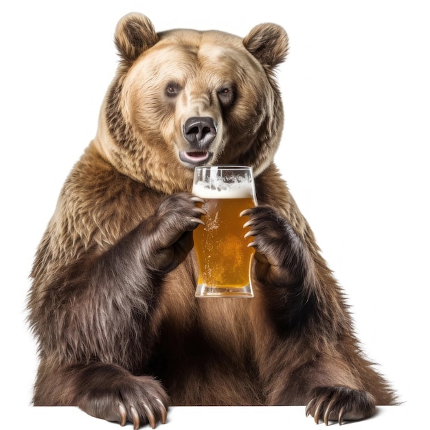 a bear with a beer in its mouth is holding a glass.