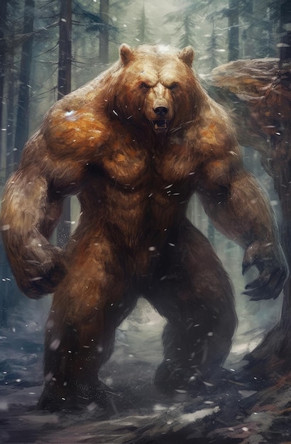 A bear with a big belly stands in a snowy forest.