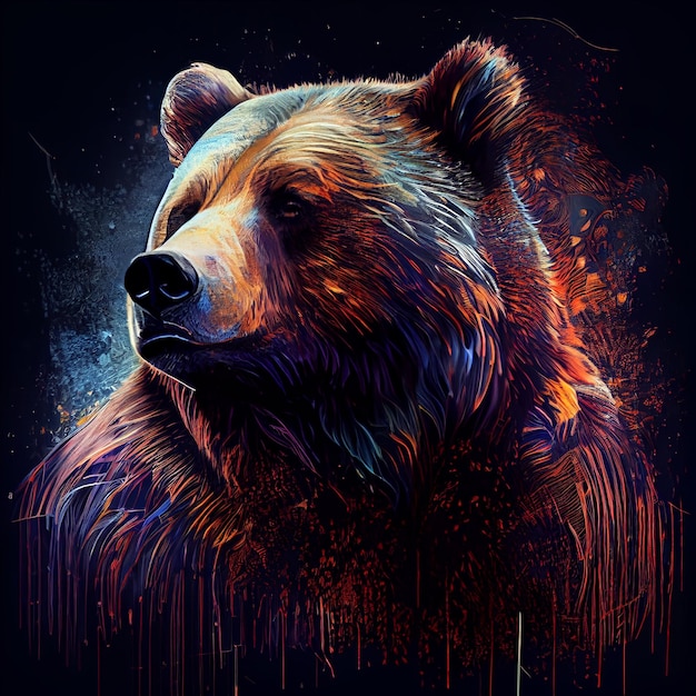 A bear with a black background and red and blue colors.