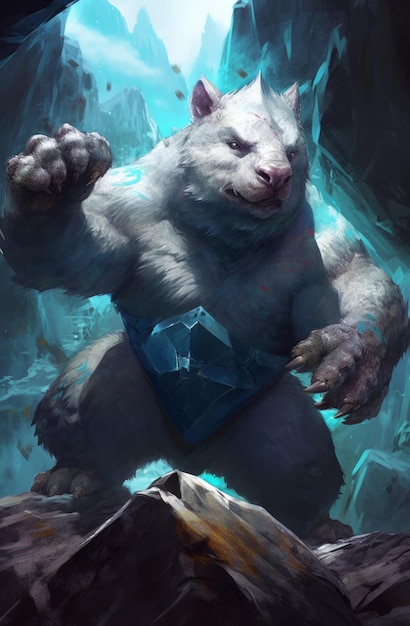 A bear with a blue diamond on his chest stands in front of a mountain.