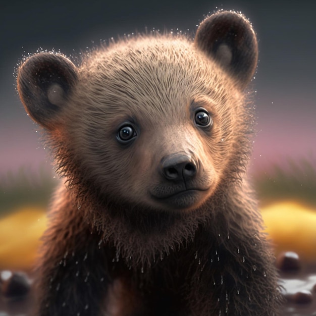 A bear with a blue eyes is looking at the camera.